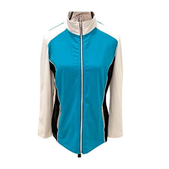 Style&co. Jackets & Blazers - Style & Co. Women's Warm Up Jacket; Aqua/Black/White; Stretch; Petite Medium